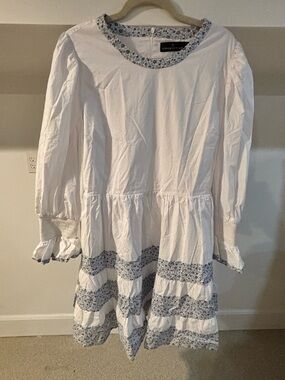 Pomander Place White Dress with Blue Floral Trim